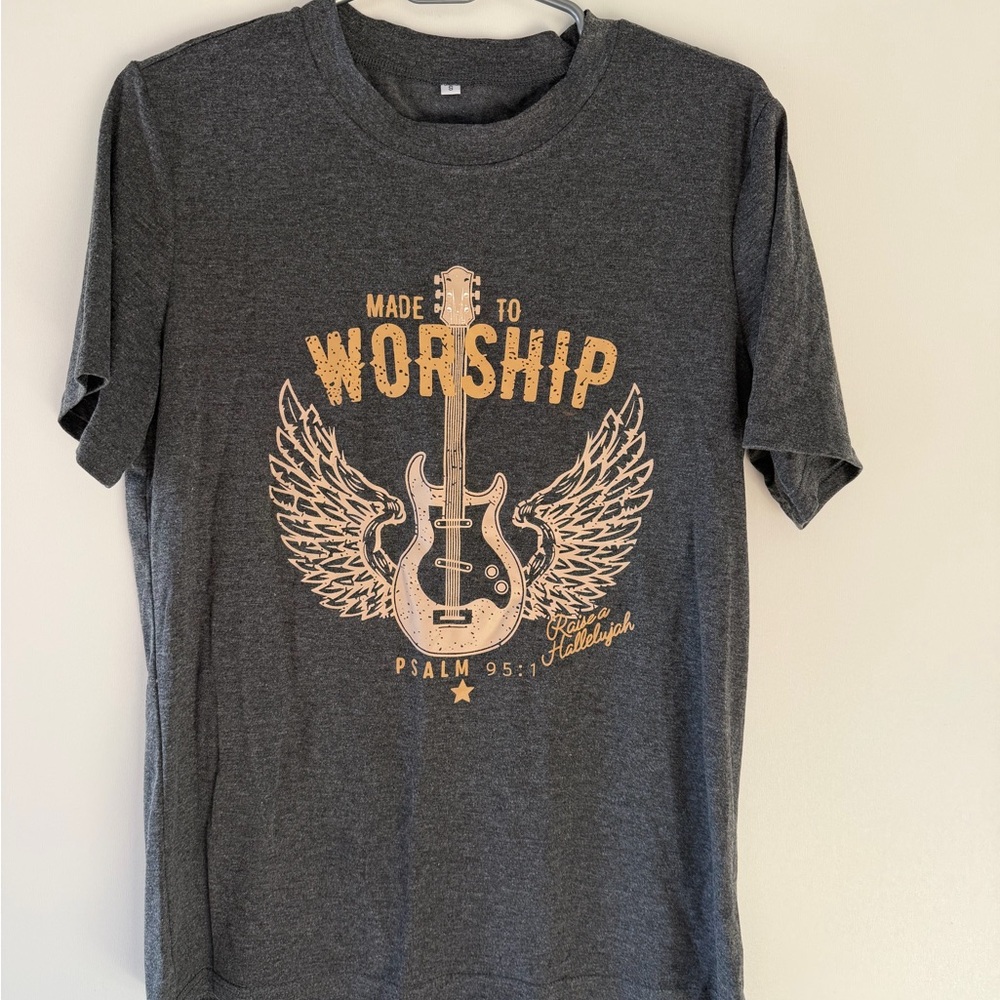 Made to Worship Graphic Tee - Dark Heather Gray with gold Print